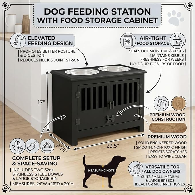 TTCOLATOPIA Elevated Dog Feeding Station with Food Storage Cabinet, Pet Food Organizer for Dogs, Elevated Dog Bowl Stand with Airtight Container, Wooden Dog Feeder Station for Indoor Use