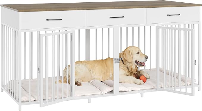 HOSTACK Double Dog Crate, 71"W Indoor Dog Kennel Furniture for 2 Dog, White | 3 Drawers for Easy Storage, Heavy-Duty Cage, Removable Divider, Slide Bolt Latch, Modern Farmhouse Pet House for XL/XXL Dogs