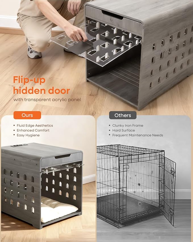 Modern Dog Crate Furniture with Charging Station Medium Kennel Indoor with Flip-up Hidden Acrylic Door for Small and Medium Breeds up to 50lb Wood Pet End Side Table Cage, Grey