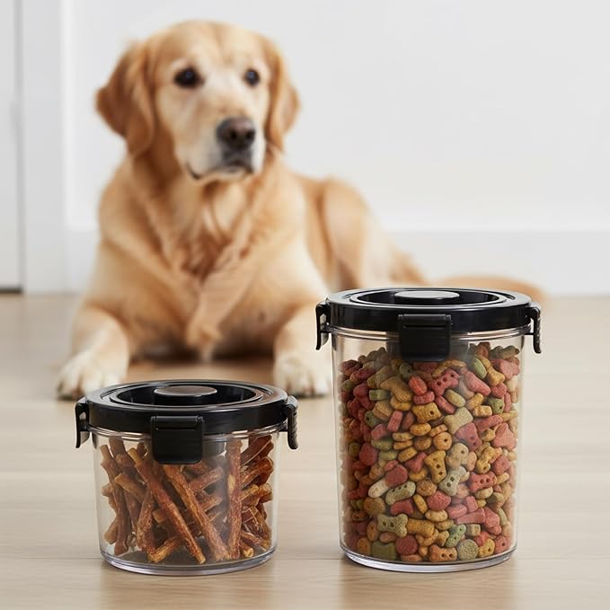 Dog Treat Container, Dog Food Storage with 2 Jars, Airtight Pet Treat Storage With Lids,Small Pet Food Container, Puppy Treats Bin for Kitchen Counter,Freshness Seal-Clear, Rotundity