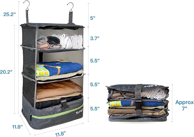 Stow-N-Go Hanging Travel Shelves, Packing Organizer for Luggage. Carry on Closet for Suitcase. Expandable Packing Cube. Travel Essentials. (Dark Gray - L, L = (L) 11.8" x (W) 11.8")