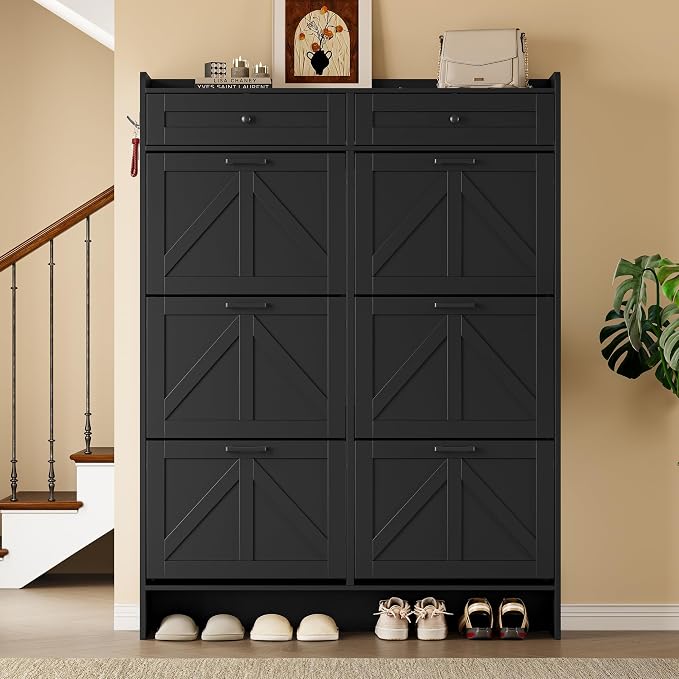 BORNOON Shoe Cabinet for Entryway, Farmhouse Shoe Storage Cabinet with 6 Flip Drawers and 2 Top Drawers, Tall Narrow Shoe Organizer Cabinet with Adjustable Shelves, Side Hooks and Anti-Tip Kit
