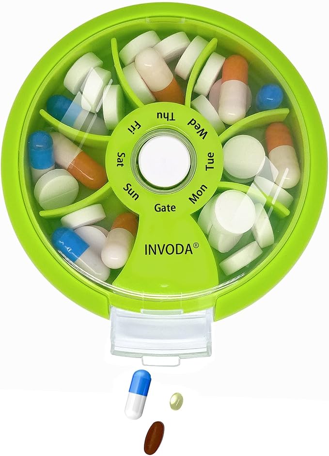 INVODA Weekly Pill Organizer 7 Compartment Rotating Pill Box for Daily | Cute Round Pill Organizer Fit purse pocket or backpack Portable Travel Pill Case for Fish Oil Supplements Vitamins Medication