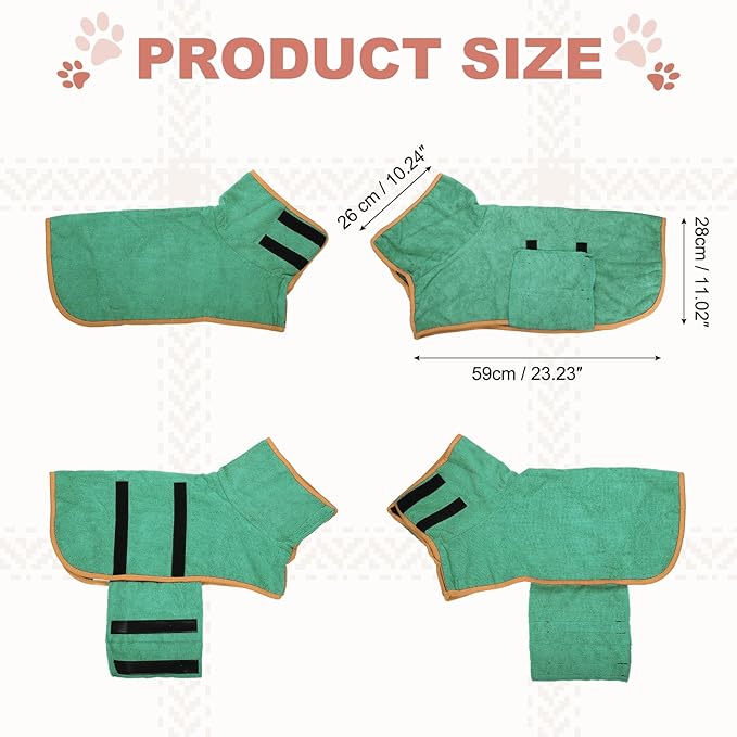 Dog Drying Coat, Dog Robes for After Bath Bathrobe Super Absorbent Towel Soft Adjustable, (S, Dark Green), Intended for Fast Drying Warm Keeping Pet Cats Kitten Puppies