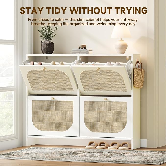 Freestanding Ultra Slim Arched Rattan Accent Shoe Storage Cabinet for Entryway - 4 Flip Drawers & 3-Tier Adjustable Shelves, Farmhouse Modern Rustic Shoe Rack for Hallway Foyer,Cloud White