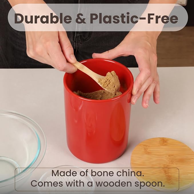 Arthausen Red Ceramic Storage Jar Canister for Flour Sugar - Airtight Bamboo Lid w/Silicone Seal, Spoon - Modern Abstract Art Design for Kitchen Counter Bathroom - 4 cup / 1080mL