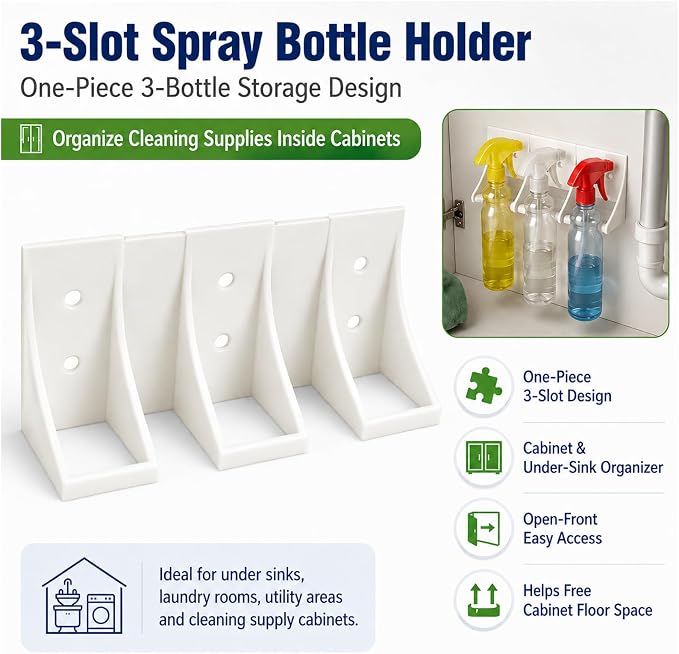 3-Slot Spray Bottle Holder Cabinet Organizer for Cleaning Supplies, WHITE | One-Piece 3-Bottle Storage Design for Organizing Spray Bottles Inside Cabinets, Under Sinks, Laundry Rooms and Utility Areas