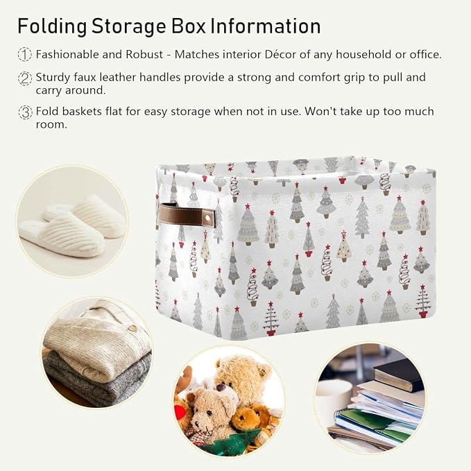 Christmas Tree Gray Storage Basket Fabric Kitchen Baskets Winter Snowflake White Grey Open Home Storage Bins Boxes Foldable Organizer Bag for Book Shelf Closet Baskets 16×12×8 Inches 2 Pack