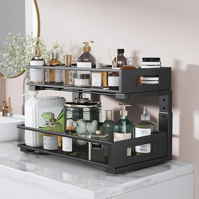2 Packs 19IN Depth Under Sink Organizer, 2-Tier Pull Out Cabinet Organizer With Smooth Circular Rail, Large Capacity Metal Mesh Sliding Drawers For Bathroom& Kitchen Storage,Height Adjustable –Black