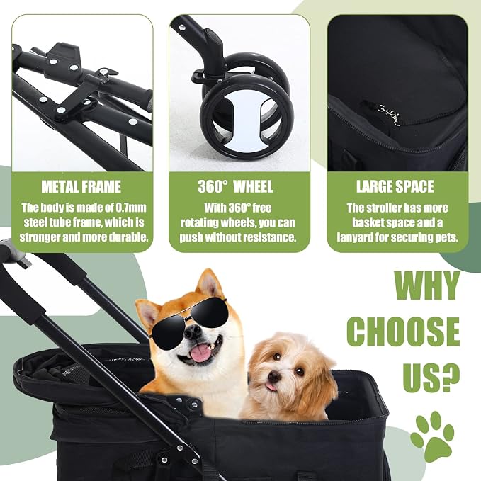 Dog Stroller Cat Stroller Pet stoller 3-in-1 Folding Dog Stroller for Small Medium Dogs Cats with Detachable Carrier Storage Basket Waterproof Lightweight for Travel,Black