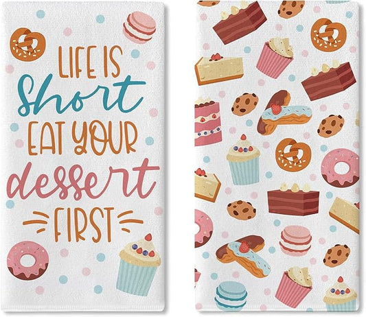 Life is Short Eat Your Dessert First Kitchen Dish Towels Set of 2, Sweet Cupcake Donut Cookie Macaron Drying Hand Towel Baking Cooking Cloth, Colorful Polka Dots Home Decor 18'' x 26''