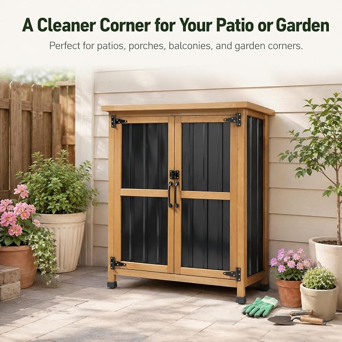 Ketive Outdoor Storage Cabinet, Wood & Metal Small Garden Tool Storage Cabinet with Weather-Resistant Asphalt Roof, Double Lockable Doors & Removable Shelves for Porch, Patio, Garden, Backyard
