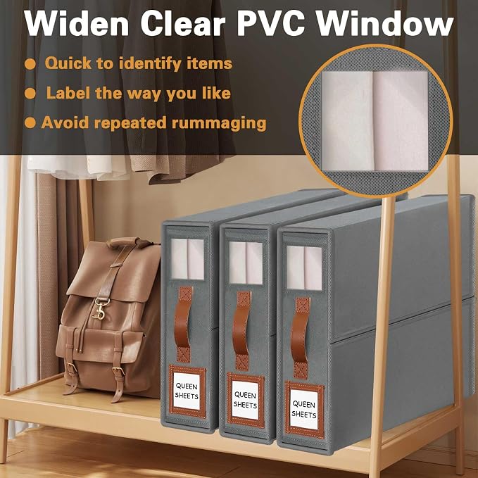 GhvyenntteS Bed Sheet Organizers and Storage, 4 Pack Closet Organizer | Foldable 800D Thickened Fabric, Clear Window & Labels, Leather Handle, Dust & Moisture Proof, Fits King & Queen Sheet Sets