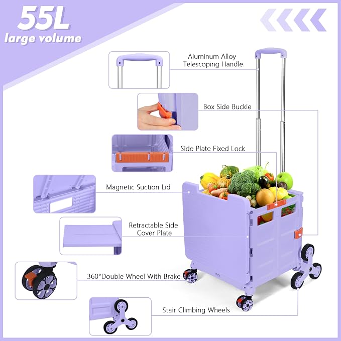 Foldable Utility Cart with Stair Climbing Wheels,Collapsible Rolling Crate with Magnetic Lid Telescopic Cover,Telescoping Handle,360° Rotate Wheel Hand Cart for teacher Shopping Moving Grocery(Purple)