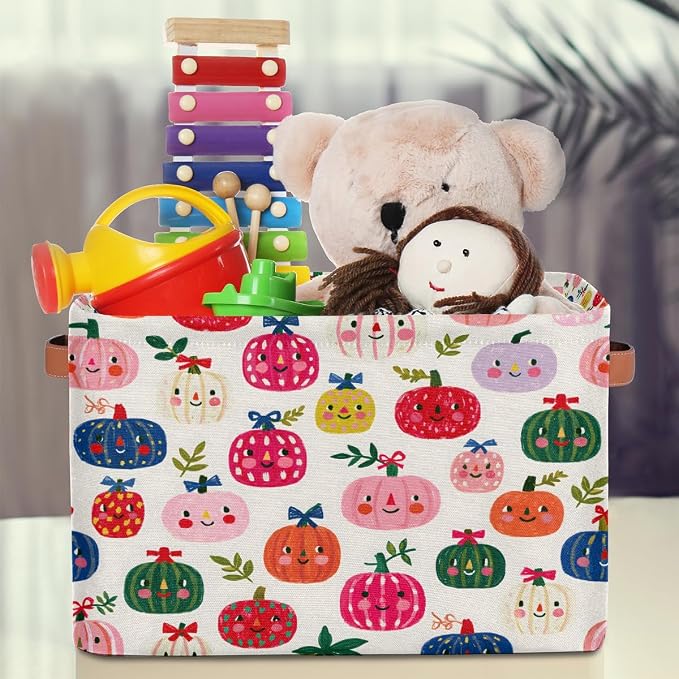 Pardick Autumn Basket Storage Bins Rectangle Canvas Basket Cube Storage Box | Nursery Foldable Basket with Handle for Kids Girls Boys Toys Living Room Closet Organizer Shelf Gifts Fall Decor (132)