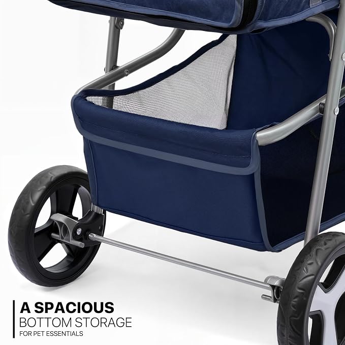 MoNiBloom Pet Stroller for Small/Medium Dogs and Cats up to 33 lbs, Blue | Foldable Dog Stroller 3 Wheels Pet Strolling Cart w/ Storage Basket Cup Holder, Breathable and Visible Mesh for All-Season
