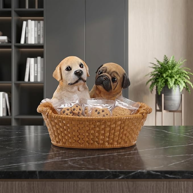 Resin Labrador & Pug Desktop Storage Basket, Decorative Catchall Bowl & Key Tray for Entryway Table, Cute Dog Statue Organizer, Pet Lover Gift