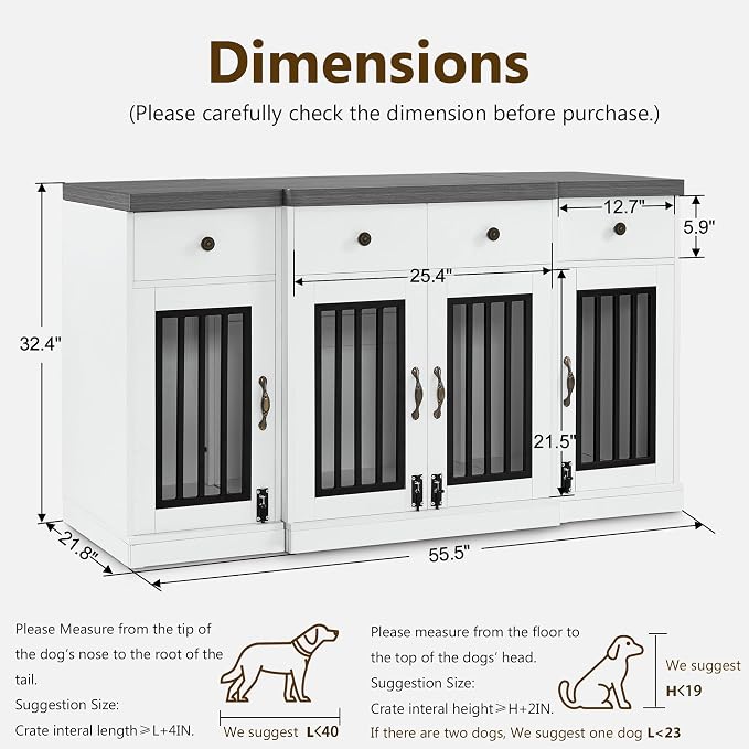 MCombo 55.5" Wooden Dog Crate Furniture with 4 Drawers 1872 White and Grey | 4 Lockable Doors, Indoor as TV Stand, For Medium/Large Dogs, Elegant Handles Design