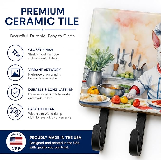 Caroline's Treasures Bull Terrier The Chef Leash or Key Holder Wall Hooks, Key Hooks Holder, Coat Rack Wall Mount, Coat Hooks, Hooks for Hanging Keys, Towels, Aprons, Leashes | Bull Terrier The Chef artwork on ceramic tile with three steel hooks for ke...