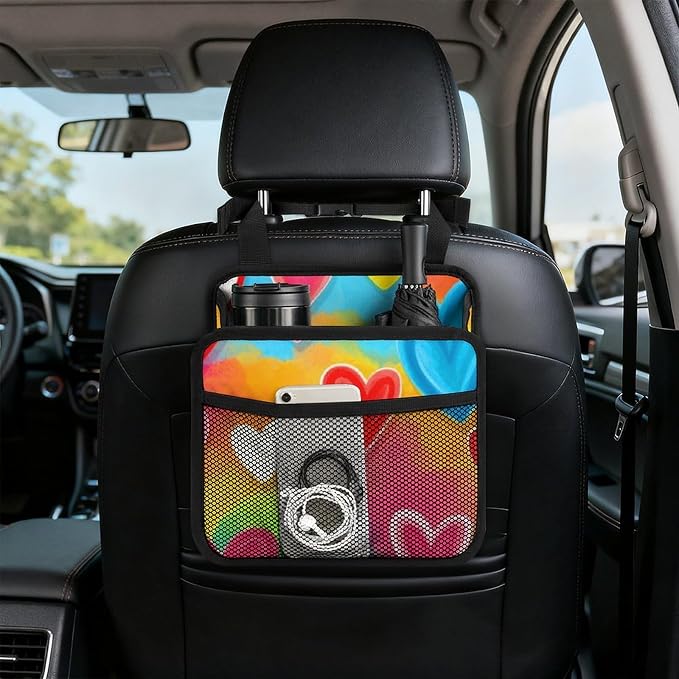 Car Seat Back Organizer Auto Storage Bin Backseat Hanging Pouch, Colorful | Love Hearts, Multipurpose Vehicle Storage Pocket with Mesh Pockets PU Leather Backseat Accessories