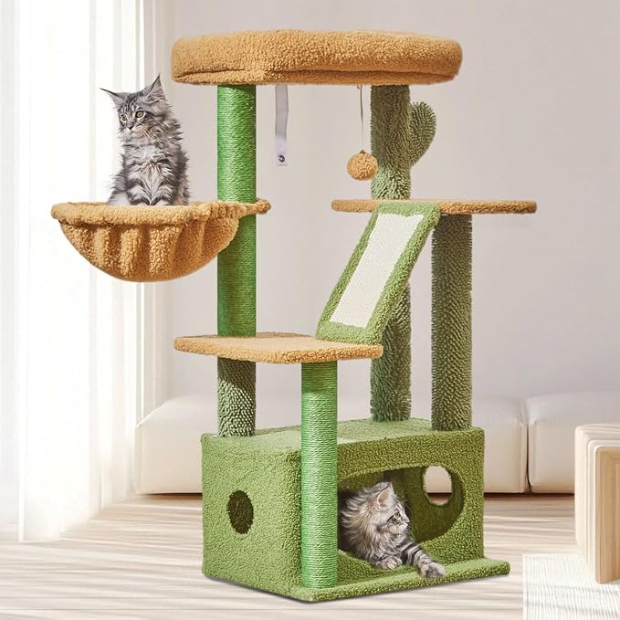 Taoqimiao Cactus, Cat Tree, 38.5In Cat Tower for Indoor Cats, for Kittens | Thick Padded Top Perch, Luxurious Cat Condo, Adjustable Basket, 1-Piece Ramp Scratcher, 3 Natural Sisal Posts, MS029ST