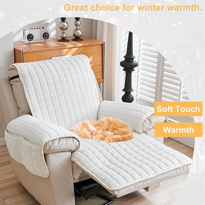 Polyester Flannel Recliner Cover, Non-Slip with 2 Side Pockets | Soft short-pile polyester with silicone backing guards armrests from pet scratches; thick one-piece cover, machine washable.
