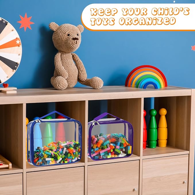 Sanwuta 6 Packs Toy Storage Bags with Zipper,Large,Bright Color | Clear Waterproof Games Storage， Large Portable PVC Container， Reusable Organizer for Board Games, Building Blocks, Puzzles