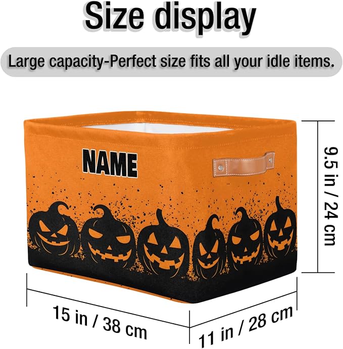 Custom Name Storage Bin, Personalized Rectangular Storage Basket with Handles for Organizing Boys Girls Toys Office Closet Shelf Baskets, Watercolor Orange Black Pumpkins Halloween