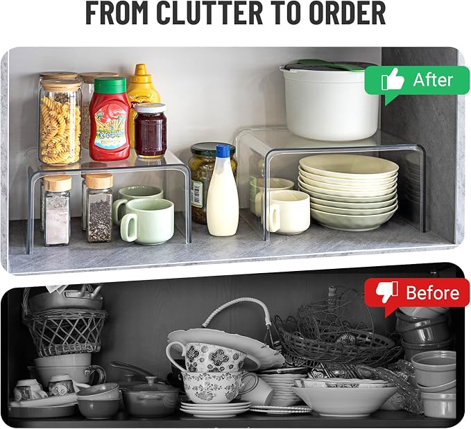 Bobomoment Clear Cabinet Organizer, Stackable Shelf Organizer Set of 2 | Kitchen Pantry Organizers and Storage, Display Cabinet Shelf Countertop Desk Shelves, Patented Spice Organization