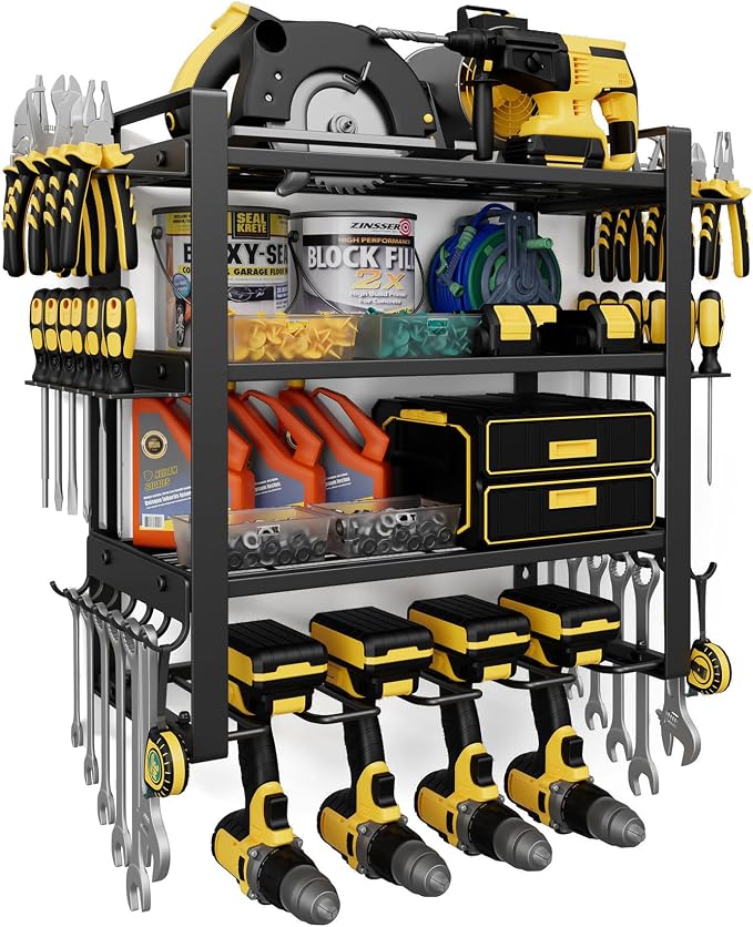 4-Tier Power Tool Organizer Wall Mount, 200LBS Capacity, 4 Drill Holders | 3-Tube Reinforced Design, Holds 50+ Tools, Cordless Tool Organizer, Rust Resistant, Quick Assembly, Garage Gift for Men