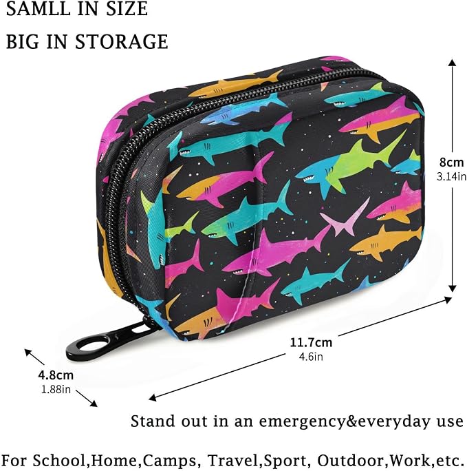 Fustylead Bright Color Shark Silhouette Design Travel Pill Organizer Case Zipper for Purse with Removable Weekly Pill Box for Medicine, Vitamin, Supplement Medicine Organizer