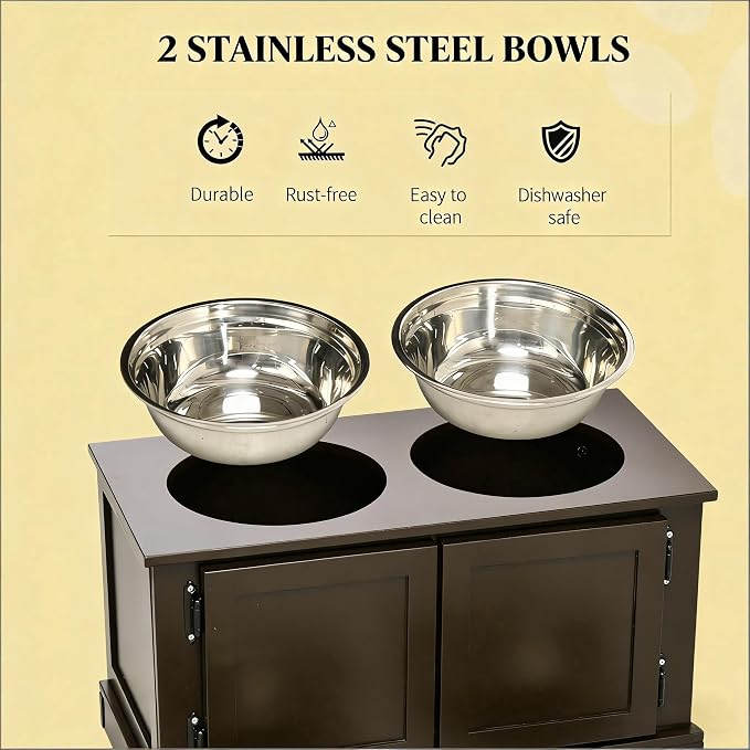 Dog Feeding Station with Storage, 2 Stainless Steel Bowls, Coffee, Elevated Dog Bowl Holder, Dog Feeder Stand, Wooden Dog Food Organizer for Indoor, Dog Food Storage Cabinet