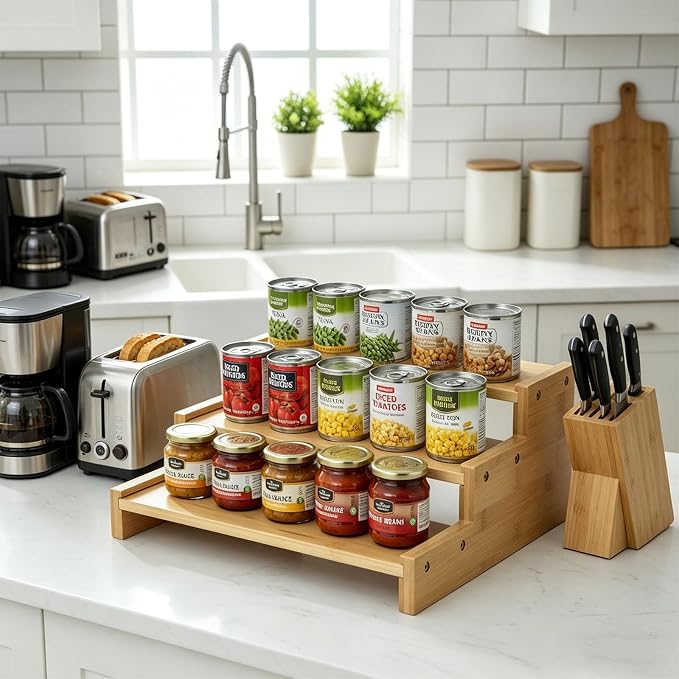 Natural Bamboo Can Organizer for Pantry, 3-Tier Countertop Storage Rack for Canned Food, Soda, Soup and Pet Food, Tiered Cabinet Shelf Display