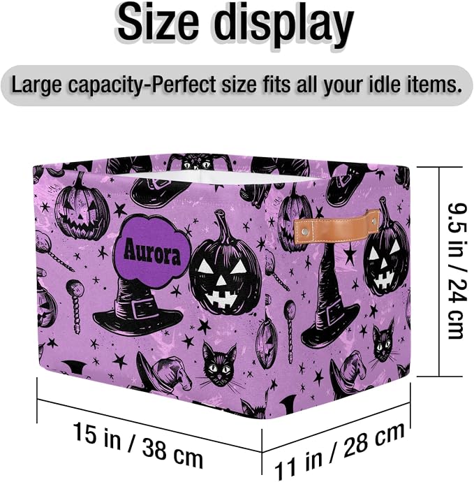 Personalized Name Storage Basket Handles for Girls, Canvas Storage Bins Toys Clothes Organizer for Bedroom, Kitchen, Bathroom, Nursery, Shelves, Closets, Hand Drawn Pumpkin Cat Witch Hat Purple