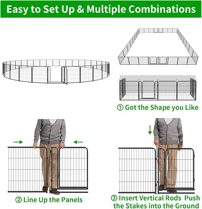 Kfvigoho Dog Playpen Outdoor Extra Wide 32 Panels Heavy Duty Dog Fence 32" | Anti-Rust Coating-Strengthened Dog Fence with Doors Portable for RV Camping Yard, Total 84FT, 561 Sq.ft, Snowy Black