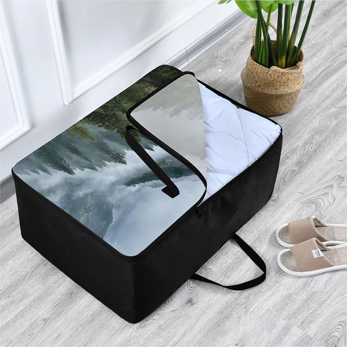 Comforter Storage Bags Large Folding Blanket Organizer Bag with Strong Handles Clear Window Closet Storage Containers for Clothes King Queen Pillows Bedding Quilt Duvet Green Tree Forest Fog