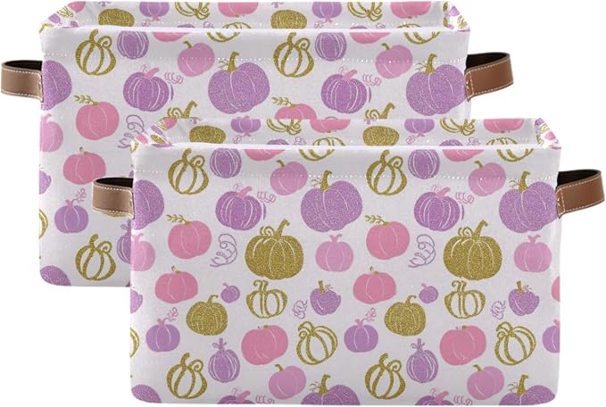 Wamika Pumpkin Pink Purple Storage Basket with Waterproof Liner and PU Handles Fall Thanksgiving Day Storage Bins Boxes 14.2" Collapsible Decorative Organizer Baskets for Bedroom Closet Office 2 Pack