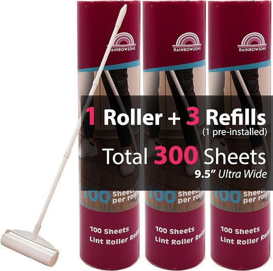 RainbowZone 9.5" Extra Wide Lint Roller for Pet Hair Removal - Extendable Long Handle with 300 Super Sticky Sheets for Furniture, Couch, Car & Carpet Cleaning - Large Pet Hair Remover with 3 Refills