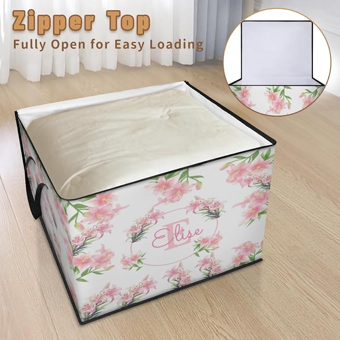 Personalized Storage Bags Large Organization Storage Containers for Comforters, Bedding, Blanket Foldable Organizer with Reinforced Handle, Pink Lily Floral