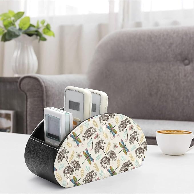 TV Remote Control Organizer Flowers Dragonfly Caddy Box with 5 Compartment | Botanical Flowers Dragonfly, PU Leather Desk Storage Bag Fits Controller, Makeup Brushes, Media Player, Office Supplies