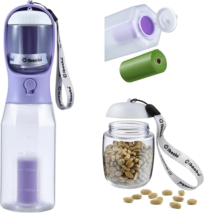 Cibaabo Dog Water Bottle with Food Container & Poop Bag Holder & Filter | Feeding & Hydration & Waste All in One | Travel Puppy Water Bowl | Portable Pet Dispenser | Girl Dog Accessories for Walking