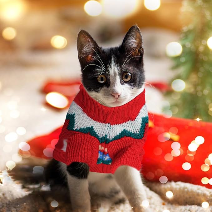 2 Pcs Puppy Christmas Sweaters Winter Pet Knitwear Xmas Dogs Outfits Christmas Elf Costume Warm Clothes for Cat Kittys Puppies