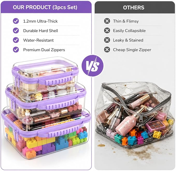 Clear Hard Shell Zipper Case 3PCS Set, 1.2mm PET Travel Organizer | Deep waterproof stackable storage pouches with handle. Heavy duty clear zipper bags for travel, makeup, toys and snacks