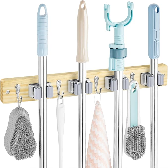 OUTNILI Mop and Broom Holder Wall Mount - Light Wood Broom Mop Hanger - Wall Mounted Garden Tool Rack Organizer for Closet Garage Laundry Room Kitchen With 4 Slots & 4 Hooks