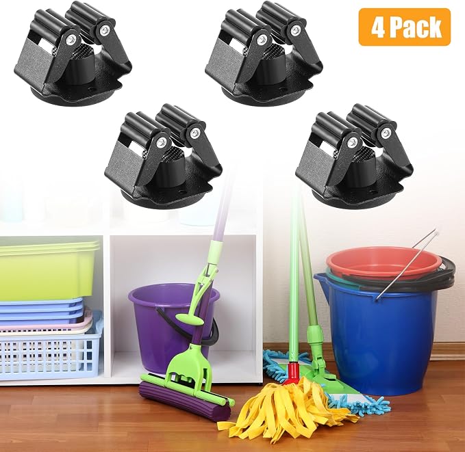 4 Pcs Magnetic Broom Holder Heavy Duty, 12Lbs Magnetic Tool Holder Wall Mount with Anti-Slip Rubber Gripper, No-Drill Mop Broom Holders for Garage Kitchen Laundry RV Van Accessories, Black