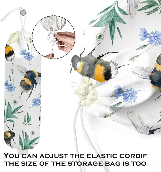 Bee Plastic Bag Holder, Summer Floral Grocery Bag Holder for Plastic Bags | Wall Mount Washable Grocery Bags Storage Dispenser for Home Kitchen Pantry Farmhouse, Bee Gifts for Women Mom