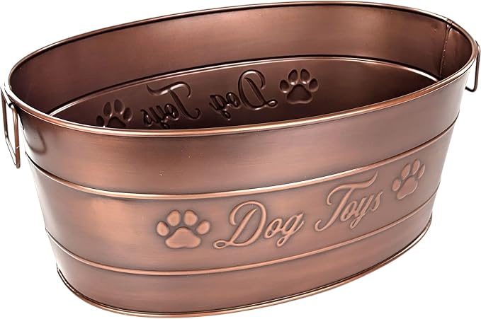BREKX Copper Metal Dog Toy Storage Bin, Indestructible, Large | Toy, Blanket & Leash Organization • Carrying Handles