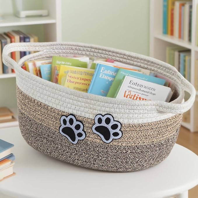 Small Woven Cotton Rope Nursery Organizer Bins, Dog Toy Basket Bins with Handle, Cute Empty Pet Gift Storage Baskets with Paw