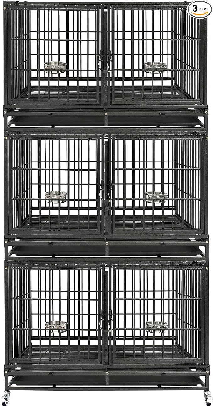 Homey Pet Three Tiers 43 inch Heavy Duty Dog Crate with Wheels, Dual Doors | Stackable Indestructible Steel Dog Cage Kennel Indoor with Divider, Trays, Bowls, Escape Proof Locks for Breeders and More
