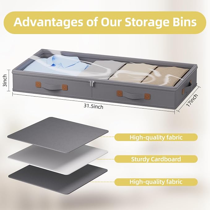 FHSQX Under Bed Storage Container 2Pack 3 Inches Low Profile Under-bed Organizer Bins Slim Under Couch Storage Box Ideal For Seasonal Clothes Blankets Towel Fabric (2, Drak Grey, 31.5 * 17 * 3in)